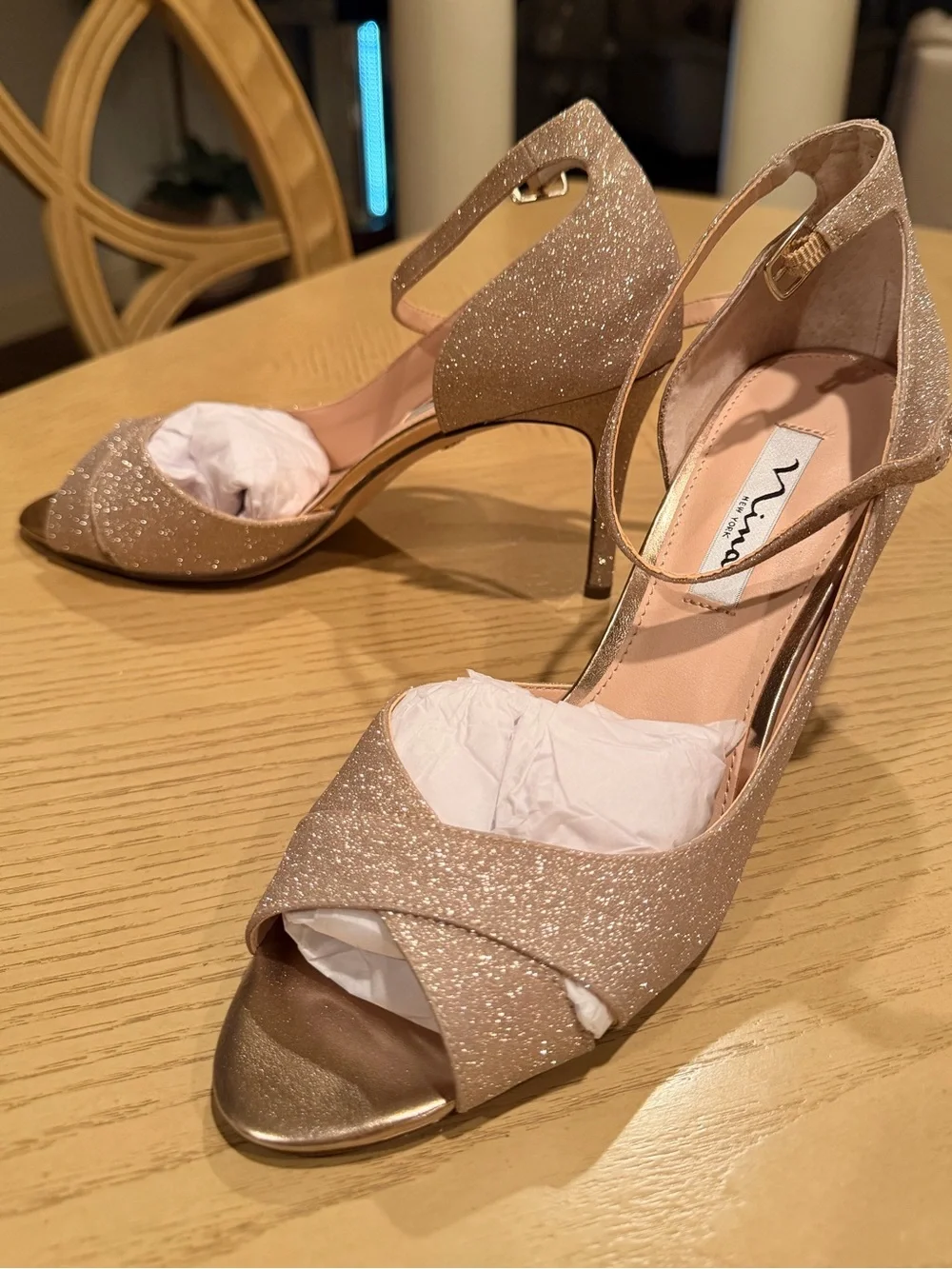 Nina NY Rose Gold Glitter Platform Peep Toe Stiletto Heels